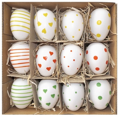 Plastic Eggs with Orange, Yellow and Green Deco 6 cm, 12 pcs in Box 