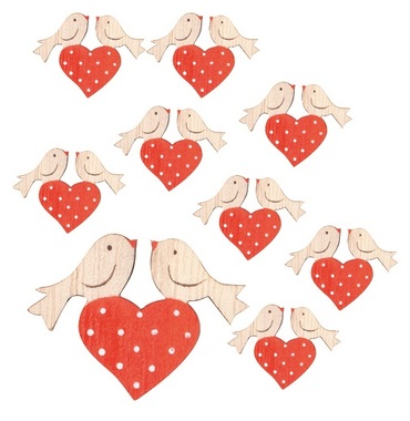 Heart with Birds with Sticker, Wooden 4 cm, 24 pcs in a box