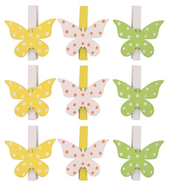 Wooden Butterflies on a Peg, 3 colors, 4.5 cm, 9 pcs in a bag
