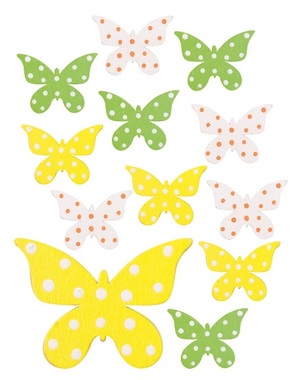 Wooden Butterflies with Sticker, 3 colors, 4 cm, 12 pcs in polybag