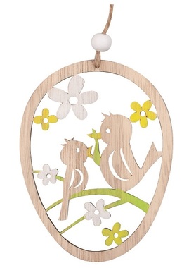 Wooden Egg with Birds for hanging 10 cm