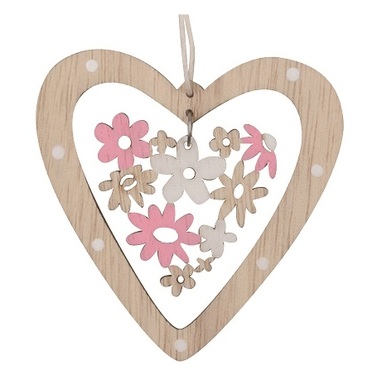 Wooden Heart with Pink Flowers for hanging 7.5 cm