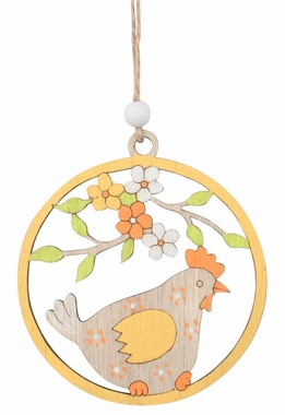 Wooden decoration Hen in yellow Circle 9 x 9 x 0.5 cm for hanging
