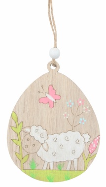 Egg with Sheep and Pink Butterfly wooden 7.5 x 9 x 0.5 cm, for hanging
