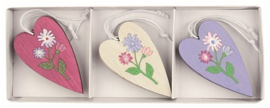Wooden Heart with motif Flowers 3.5 x 6 x 0.5 cm on hanger, 6 pcs in a Box