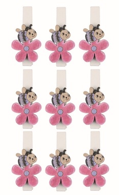 Bee on a Flower purple wooden 2 x 2.5 x 0.3 cm on a peg, 9 pcs in a bag