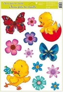 Decorative Window Cling – Chicks with pink Flowers and red Butterflies