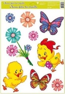 Decorative Window Cling – Chicks and Flowers in pastel colors with purple Butterflies