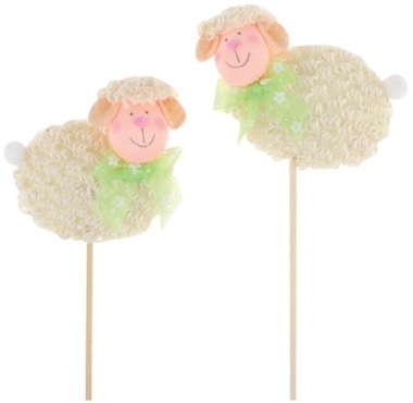 Sheep with Green Bow on Stick 7 cm + Stick