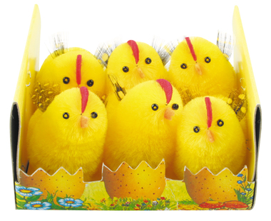 Easter Chicken 4 cm with Feather, 6 pcs Box