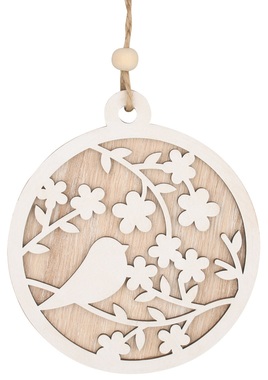 Hanging round Wooden decoration with a bird 12 cm