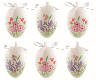 Easter Eggs plastic painted Flowers 6 cm for hanging, 6 pcs in a bag