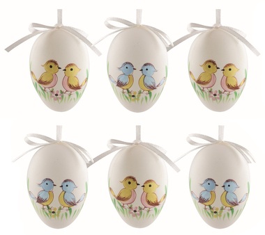 Easter Eggs plastic painted Birds 6 cm for hanging, 6 pcs in a bag