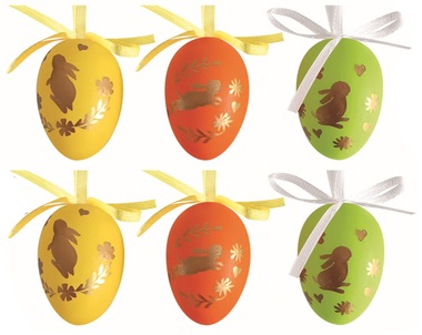 Easter Eggs plastic Golden bunnies on colored 6 cm for hanging, 6 pcs in a bag