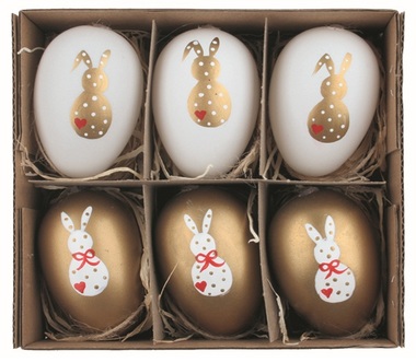 Set of Easter plastic Eggs Golden rabbits 6 cm for hanging, 6 pcs in a box