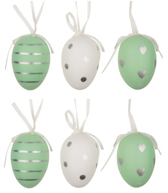 Hanging white/green Plastic Eggs 6 cm, 6 pcs in polybag 