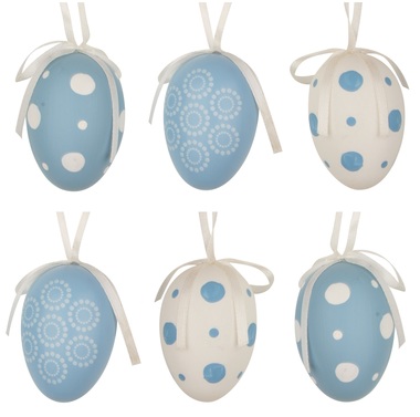 Hanging white/blue Plastic Eggs 6 cm, 6 pcs in polybag 