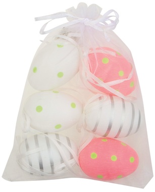 Hanging white/pink Plastic Eggs 6 cm, 6 pcs in organza bag 