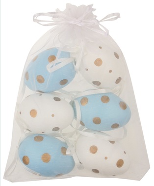 Hanging white/blue Plastic Eggs 6 cm, 6 pcs in organza bag 