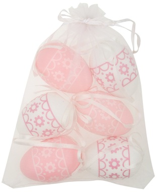 Hanging white/pink Plastic Eggs 6cm, 6 pcs in organza bag 