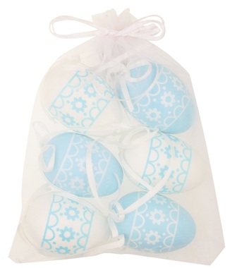 Hanging white/blue Plastic Eggs 6cm, 6 pcs in organza bag 