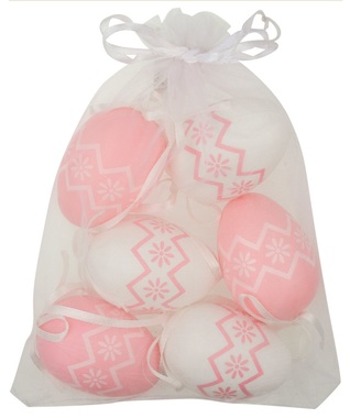Hanging white/Pink Plastic Eggs 6 cm, 6 pcs in organza bag 