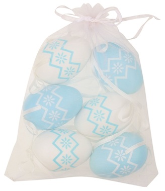 Hanging white/blue Plastic Eggs 6 cm, 6 pcs in organza bag 