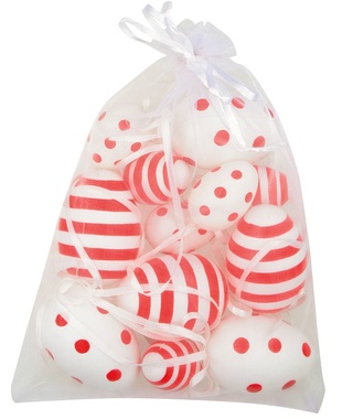 Hanging white/red Plastic Eggs 4cm, 6pcs and 6cm, 6 pcs in organza bag 