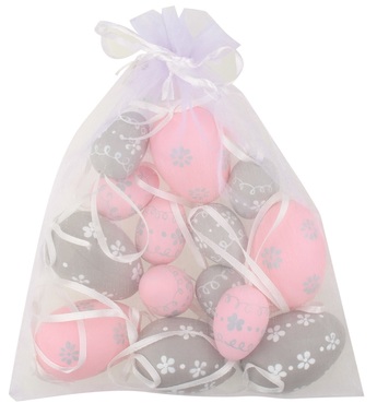 Hanging ping/grey Plastic Eggs 4cm, 6pcs and 6cm, 6 pcs in organza bag 