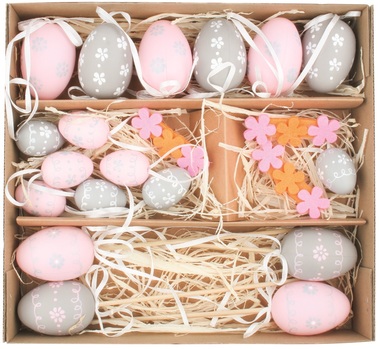 Set of eggs (6 cm) 6pcs, (4 cm) 8pcs hanging+ (6 cm) 4pcs +Stick+ 9 pcs flowers