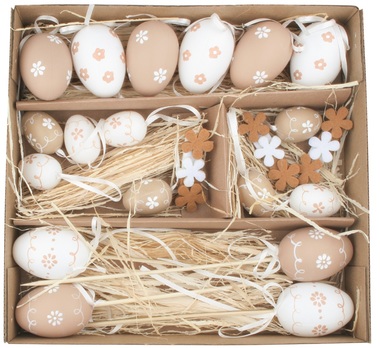 Set of eggs (6 cm) 6pcs, (4 cm) 8pcs hanging+ (6 cm) 4pcs +Stick+ 9 pcs flowers