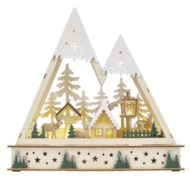 Wooden Christmas landscape LED light, 25 x 6 x 23.5 cm, 2x AA, warm white, timer