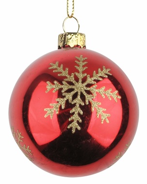 Glass Balls 8 cm, set of 4 pcs, Red with Snowflake
