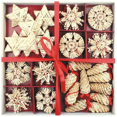 Straw Decorations 56 pcs in Wooden Box