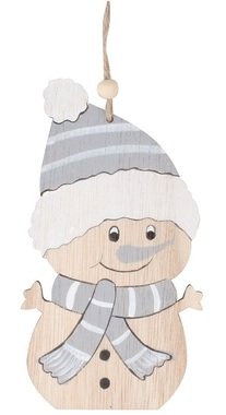 Silver hanging wooden Snowman 8 x 14,5 cm