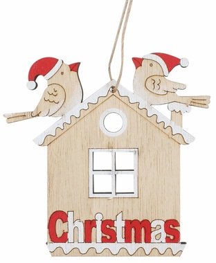 Wooden hangning house with birds 9 x 9 cm