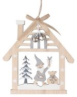 Wooden hanging house with silver Santa 13 x 14,5 cm