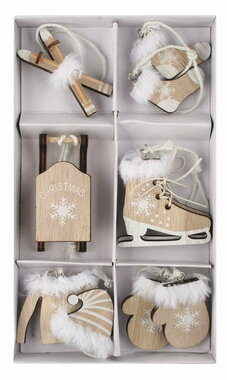 Winter wooden decorations approx. 5 x 5 x 0.3 cm for hanging, 6 pcs in a box