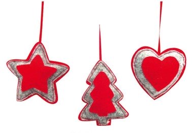 Felt decorations – tree, star, heart, grey-red, 10 cm