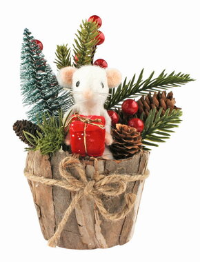 Wooden Decoration with Mouse and Pine Cones 10 x 19 x 9 cm for standing