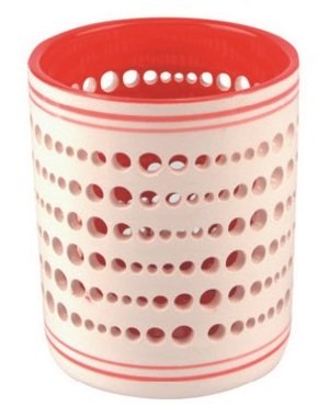 Ceramic Candle Holder, White and Red 7 x 9 cm 