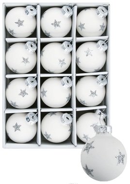 Glass Christmas Balls 3 cm, set of 12 pcs White w/Star