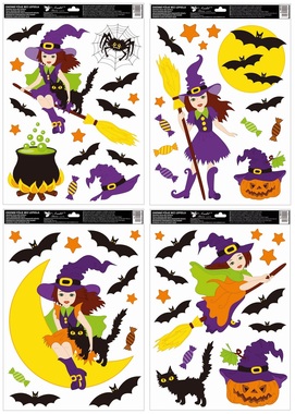 Window Cling with Glitter Witch with Bats 35 x 50 cm