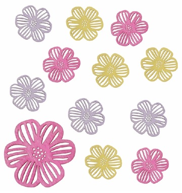 Wooden Flowers mix of three colors 4 x 4 x 0,3 cm, 12 pcs in a bag