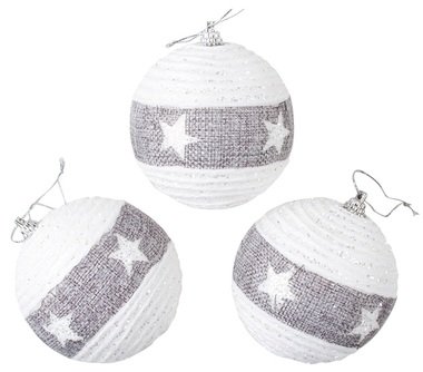 Polystyrene Christmas Balls  8 cm, Set of 3, White with Grey Stripe and Stars