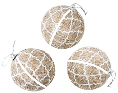 Polystyrene Christmas Balls 8 cm, Set of 3, Jute with White design