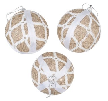 Polystyrene Christmas Balls 8 cm, Set of 3, Jute with White design