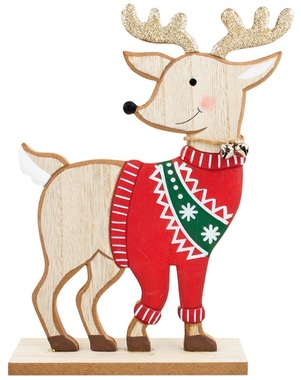 Standing Wooden Reindeer in Jumper with Golden Antlers 17 x 23 cm
