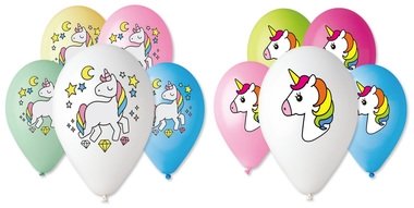 Balloons – printed unicorns, 30 cm, 5 pcs per pack, assorted designs