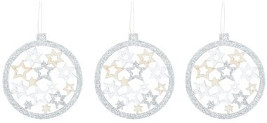 Hanging Wooden Balls with Silver Glitter 7,5 cm, 3 pcs